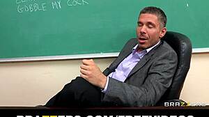 Busty brunette college dean phoenix marie takes two cocks at work