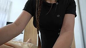Jerking off with the masseuse in the salon, deepthroat and tight pussy make your day