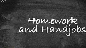 Homework and handjobs compilation features college girls giving blowjobs, cumshots, and group fun with friends.