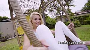 She says, 'Spinner in leggings bangs huge dick.'