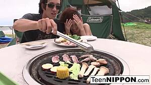 Japanese girlfriend blows guy outdoors cumshot facial