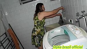 Blonde enters room, sees young guy watching porn, gets horny, gives ass for anal