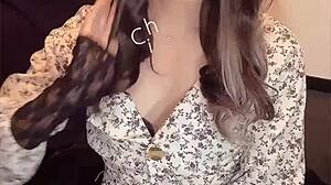 japanese ladyboy masturbates quietly in one-piece dress