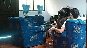 Stepsister Thinks She's Alone, Fucks Boyfriend in Living Room