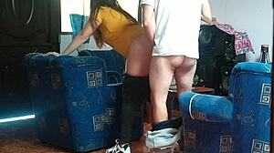 Stepsister Thinks She's Alone, Fucks Boyfriend in Living Room