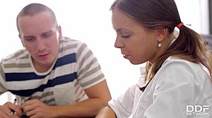 Horny Russian Teen 18+ Carre Bends Over Her Desk To Get Banged From Behind