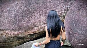 Adorable girl deep blowjob and pussy play in public - pov