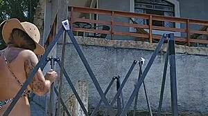 Exposing Stuffed Ass In Countryside Tent