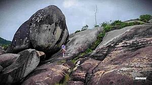 Adorable girl deep blowjob and pussy play in public - pov