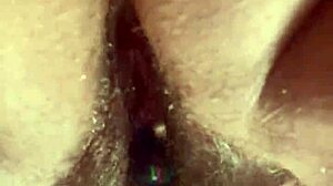 Up close hairy pussy glass dildo masturbation session.