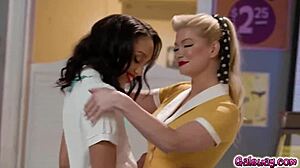 waitress serene siren kisses alexis tae while dancing and wanting more