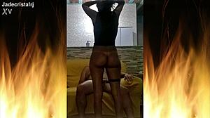 Facing her husband, Jade sat down nicely and received her husband's cum on her ass and her friend's on her belly - Jade with friend part 06