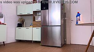 Little Bitch Cleans Refrigerator with Feet