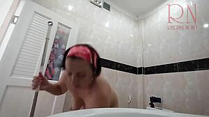 The naked maid cleans the toilet and shower maid without panties 3 😈