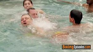 Hot swinger pool party turns into softcore orgy in red room