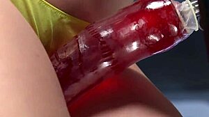 Kinky babe in yellow panties rubs dildo to squirting orgasm!