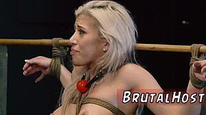 Big-Breasted Blond Hottie Endures Bondage Anal Gang Rough Blowjob Swallow