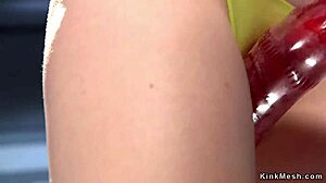 Kinky babe in yellow panties rubs dildo to squirting orgasm!