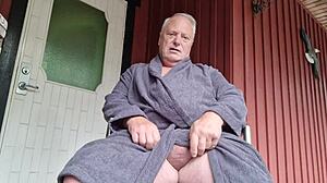 Shaved Old Man Chris Strokes Hairless Cock Outdoors