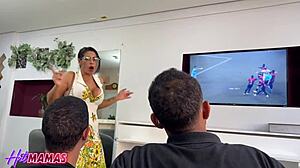 curvy milf with big tits and glasses forces two guys to fuck shaved pussy nonstop