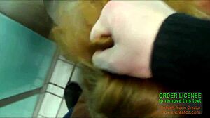 Wanna see this russian whore swallow cum after toilet blowjob?