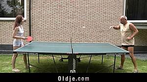 Pervert old man pumps silly cute young redhead teen hard in backyard garden old young action