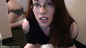 Chubby redhead babe grinds pillow in tight denim shorts