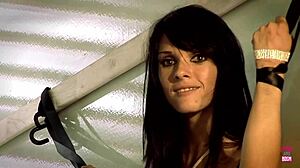 Flaming hot babes bound in truck take turns fucking third guy hard