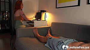 My busty redhead therapist milf drops to knees sucking my cock pov