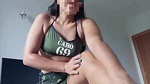 Morena Latina Fitness Babe Fucks in Hotel Behind Army Guy's Back