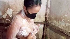 Hairy housewife mandi rubs big tits beaver in steamy bathroom colmek!