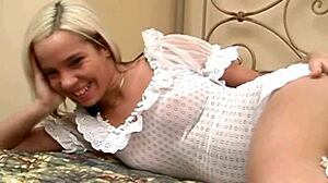 Holy Shit, Blonde Slut Spreads Shaved Pussy In Sexy Lingerie!