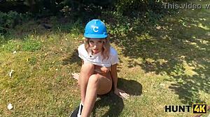 Hunt4k! Sexy Fanta Sie Fucks Old Hunter Hard in Public for Salary!