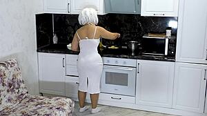 stepson sneaks up behind stepmom in kitchen and pounds her tight ass while breakfast burns on stove