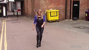 Sensual Kaz B in lingerie and socks squirts wet with her lesbo glasses babe handjob play