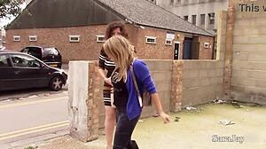 Sensual Kaz B in lingerie and socks squirts wet with her lesbo glasses babe handjob play