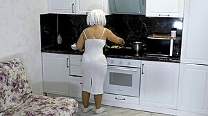 stepson sneaks up behind stepmom in kitchen and pounds her tight ass while breakfast burns on stove