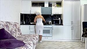 stepson sneaks up behind stepmom in kitchen and pounds her tight ass while breakfast burns on stove