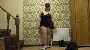 Curvy milf pawg boldly tries heels boots sneakers on plump nylon pantyhose legs foot fetish