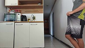 Risky kitchen fuck with hubby's friend while he's showering... almost caught!