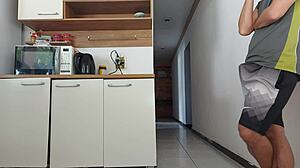 Risky kitchen fuck with hubby's friend while he's showering... almost caught!