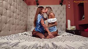Haily and annet rub pantyhose over wet pussies while kissing passionately