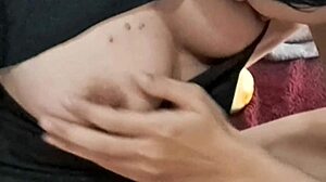 Chubby thai girlfriend rides small cock cowgirl creampie squirt in homemade bedroom fuck