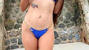 I flash my neighbors in a sexy blue bikini dancing outside till they rip it off