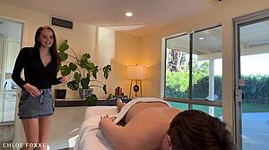 redhead oiled babe gives pov handjob cum covered tits happy ending massage