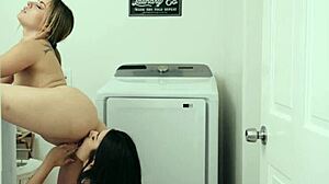 Brunette teen roommates Anna Claire Clouds and Chanel Camryn fuck with strap-on dildo by dishwasher