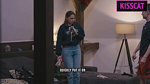 busty brunette maid in stockings bends over big cock for first day blowjob creampie punishment sex