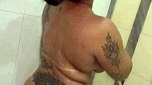 whoa big tits black monster cock babe spreading ass in bathroom while friend's away... cum on those juicy tits 💦🍑