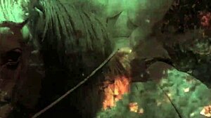 Dark lantern unleashes bold vintage hairy pussy riding with natural tits bounce