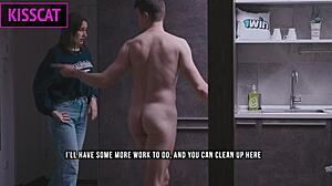 busty brunette maid in stockings bends over big cock for first day blowjob creampie punishment sex